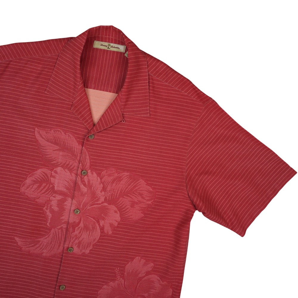 Tommy Bahama Shirt Mens M Red Silk Hibiscus Jacquard Camp Floral Beach Vacation‎